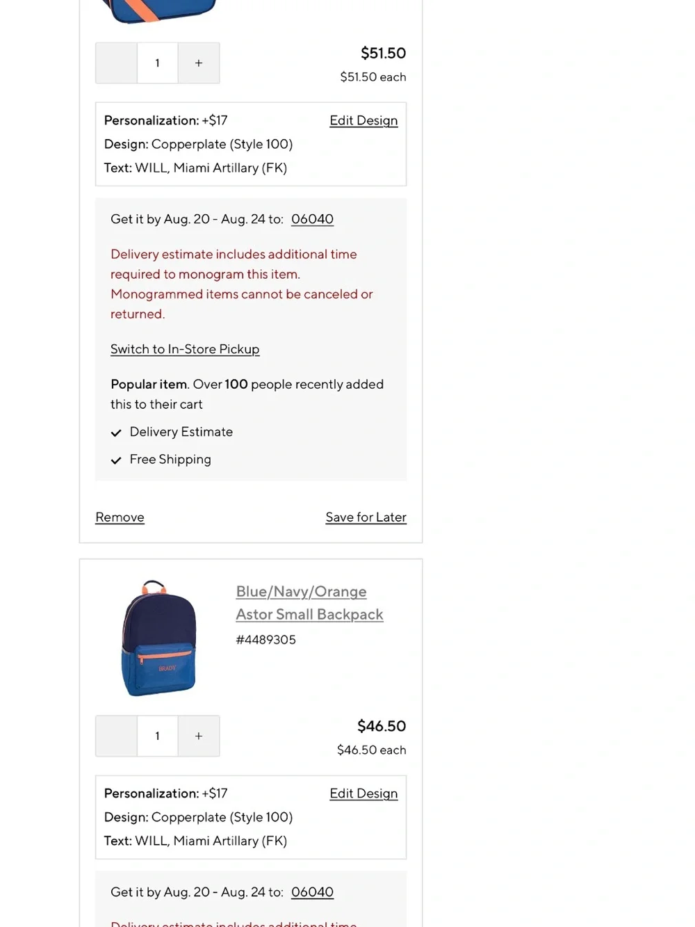 Will personalized Backpack & Lunch Bag